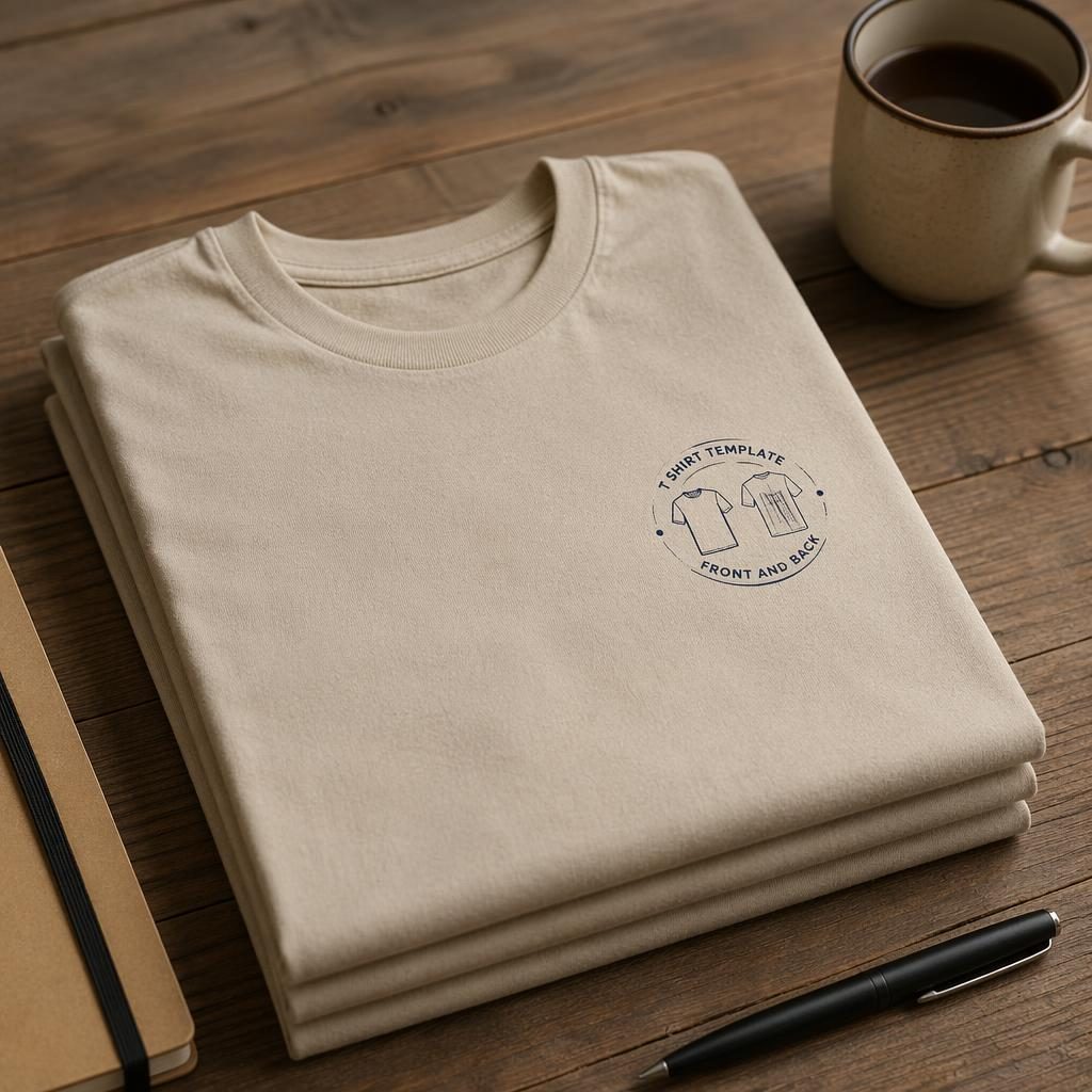 Folded stack of beige sand t-shirts with a small left-chest placeholder logo in navy and cream, studio product mockup