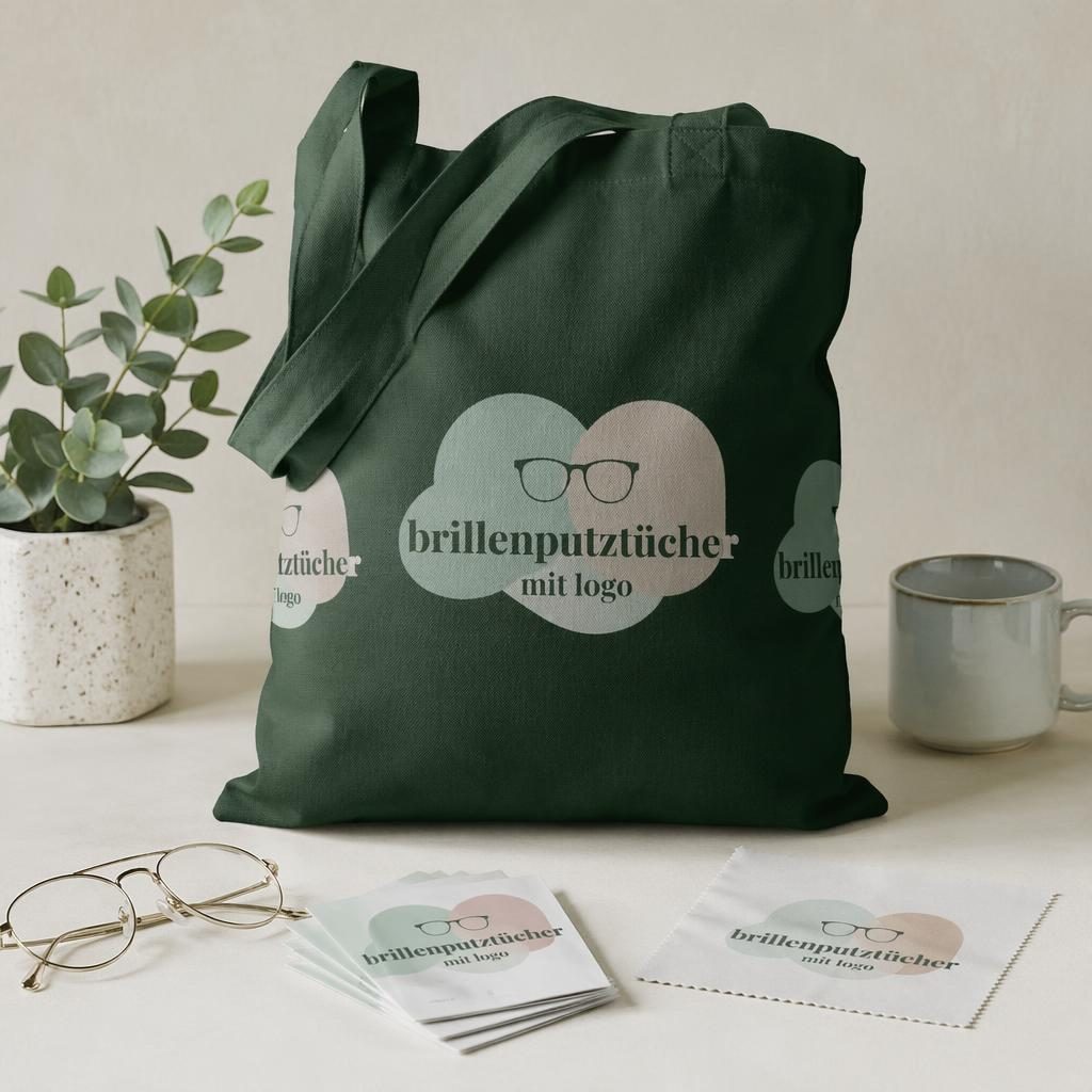 Photo-real product mockup of a forest green tote bag with "brillenputztücher mit logo" logo printed at wrap-around. Mock