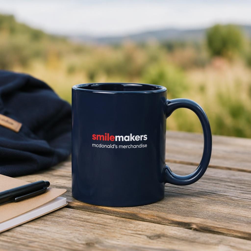 Photo-real navy ceramic mug mockup outdoors with a small red and white smilemakers mcdonald's merchandise logo.