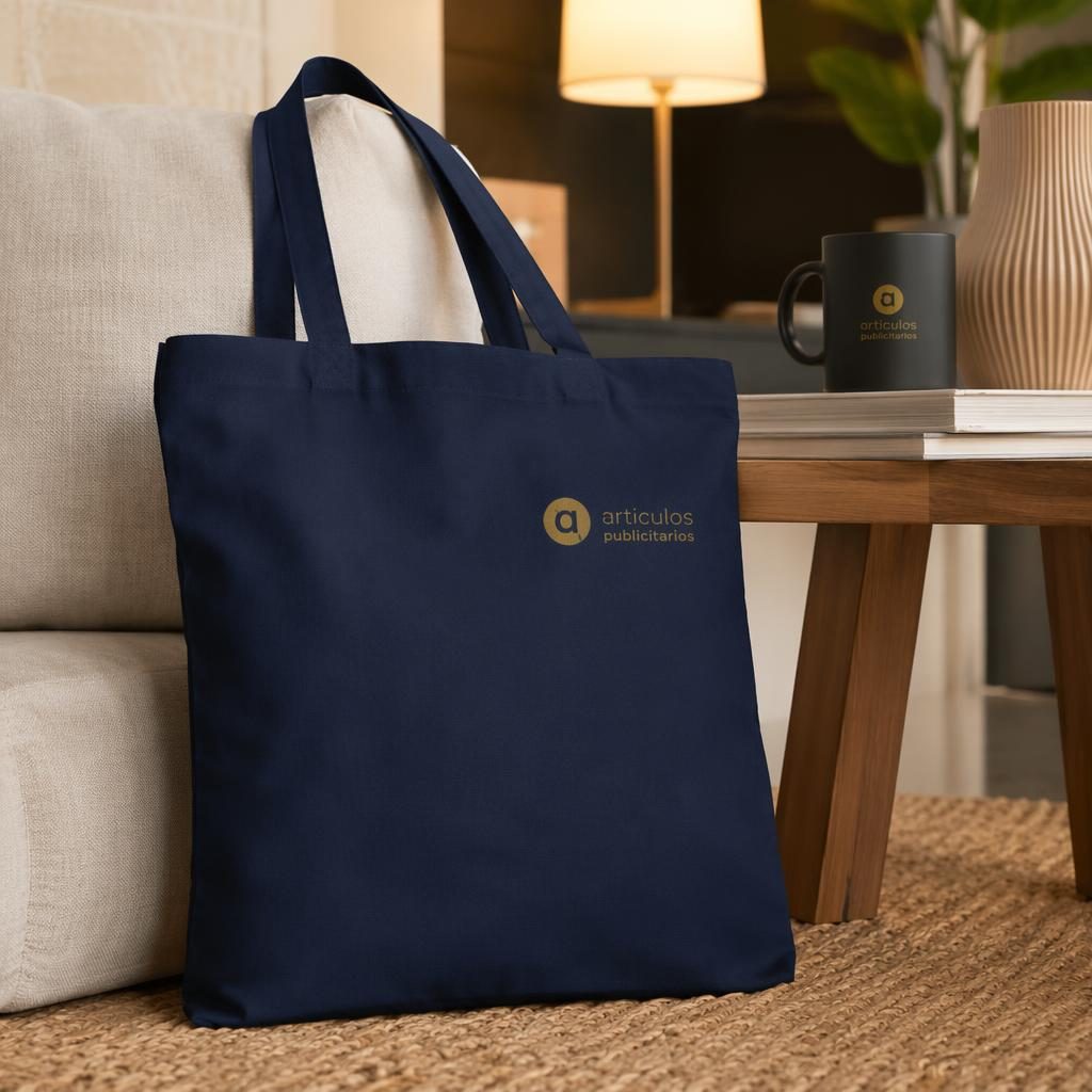 Tote bag azul marino con logo pequeño articulos publicitarios en ambiente hogareño negro y dorado