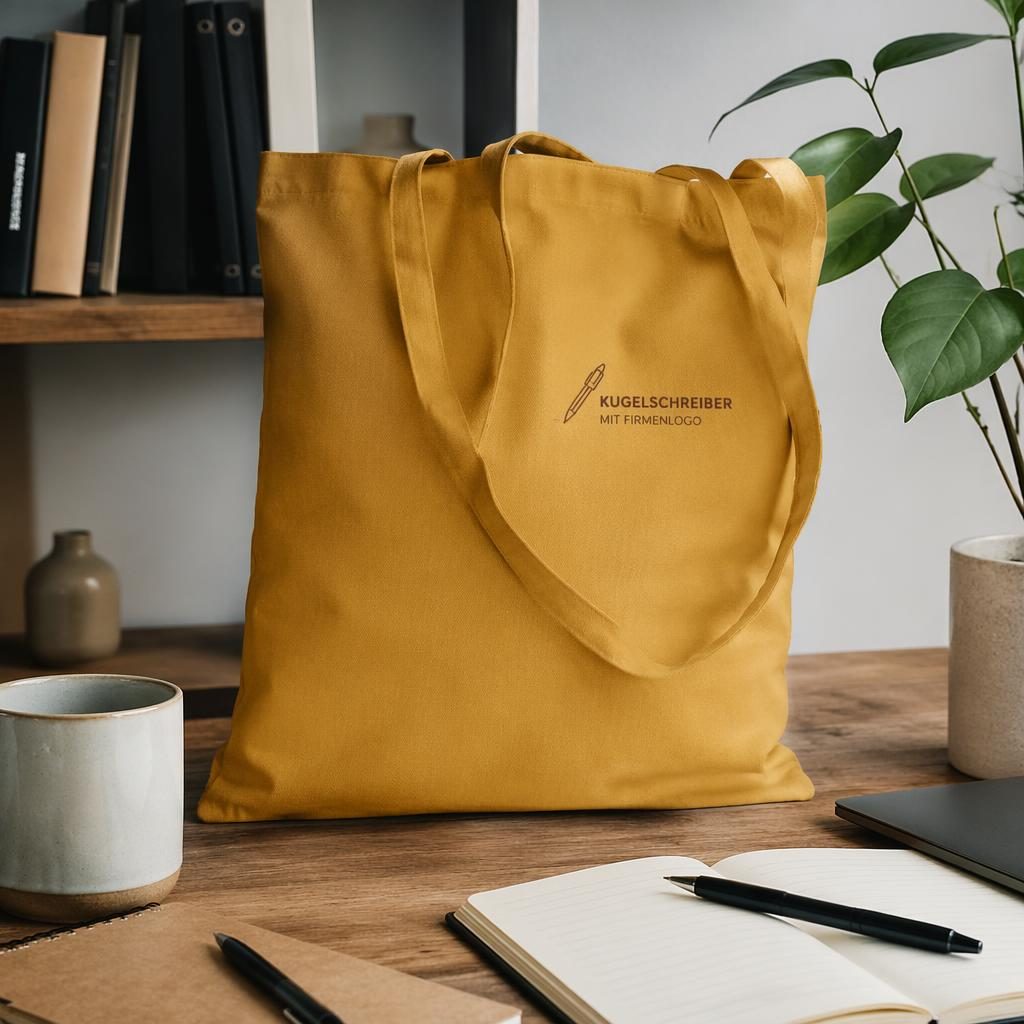 Senfgelbe Tote Bag auf Schreibtisch im Lifestyle-Setup mit kleinem Logo-Print, warme Erdtöne, natürliche Stoffstruktur.