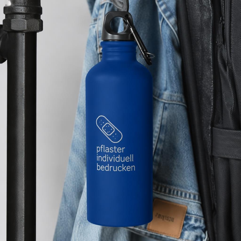 Fotorealistisches Mockup einer royalblauen Trinkflasche mit generischem Logo, hängend an einer Stange im Studio