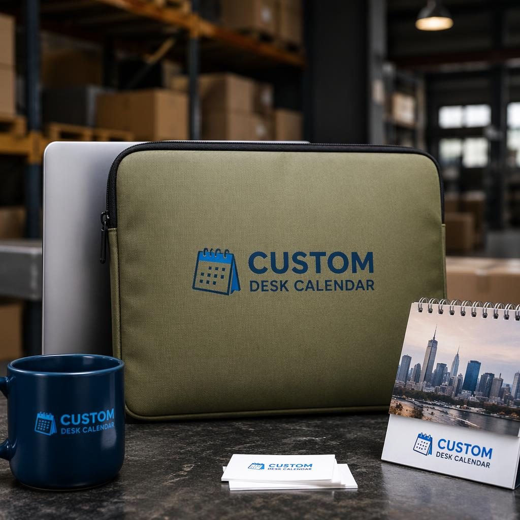 Olive green laptop sleeve mockup with custom desk calendar logo in a warehouse-style studio setting.