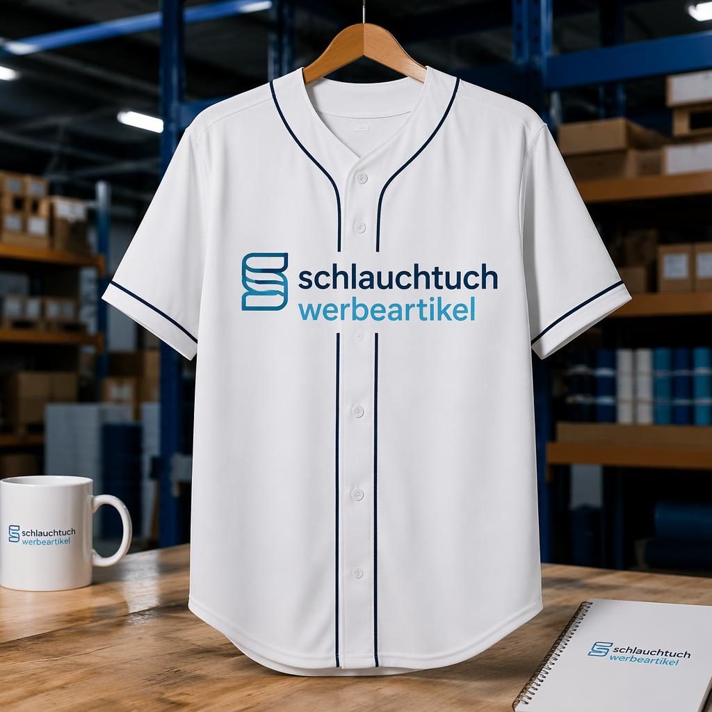 Weiße Baseball-Jersey im Industrie-Look mit blauem schlauchtuch werbeartikel Logo auf der Brust