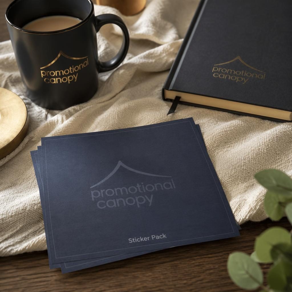 Photo-real navy sticker pack mockup with a subtle promotional canopy logo in a cozy luxury black and gold home setting.