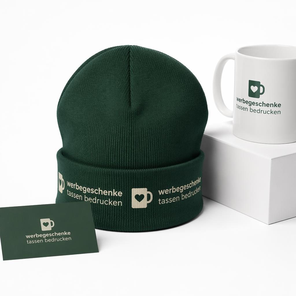 Fotorealistisches Mockup einer waldgrünen Beanie auf weißem Hintergrund mit umlaufendem Logo in Salbei und Elfenbein