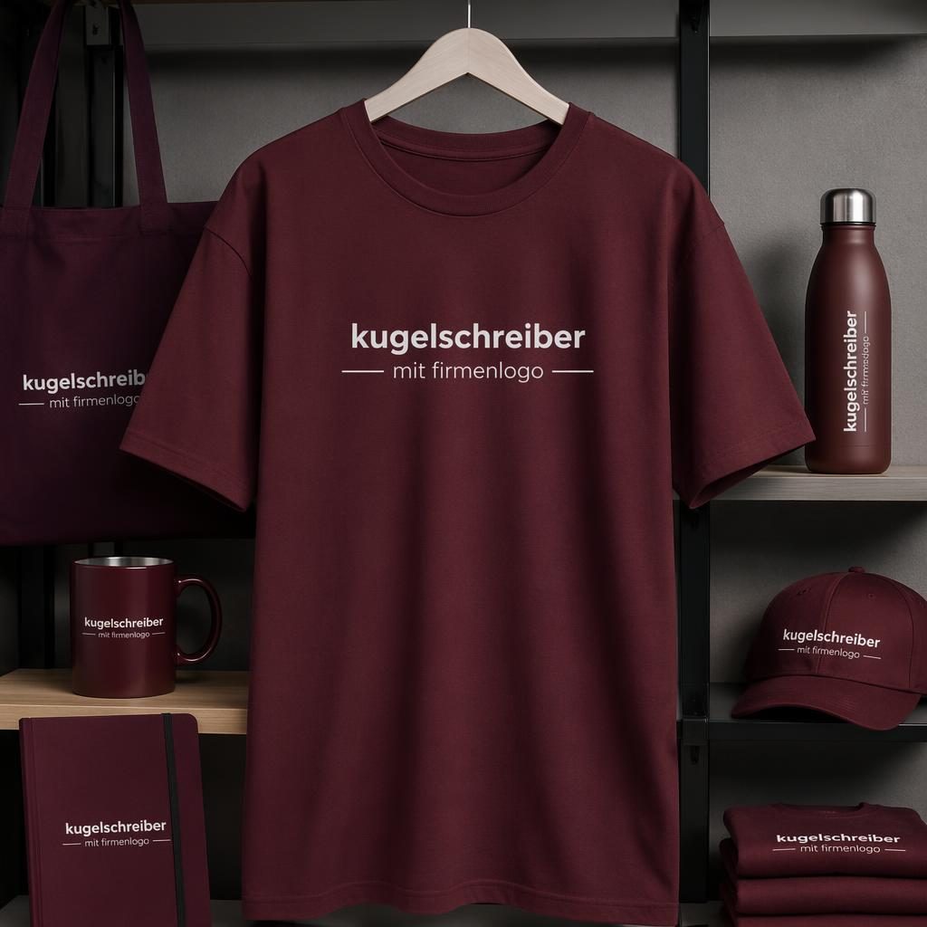 Bordeauxfarbenes Sticker-Pack als Merch-Mockup, hängend am Rack, mit minimalem Logo und Studio-Licht