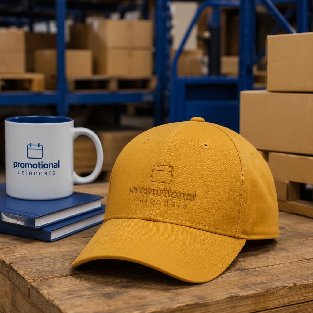 Mustard yellow cap mockup with subtle tone-on-tone promotional calendars logo in an industrial warehouse studio setting.