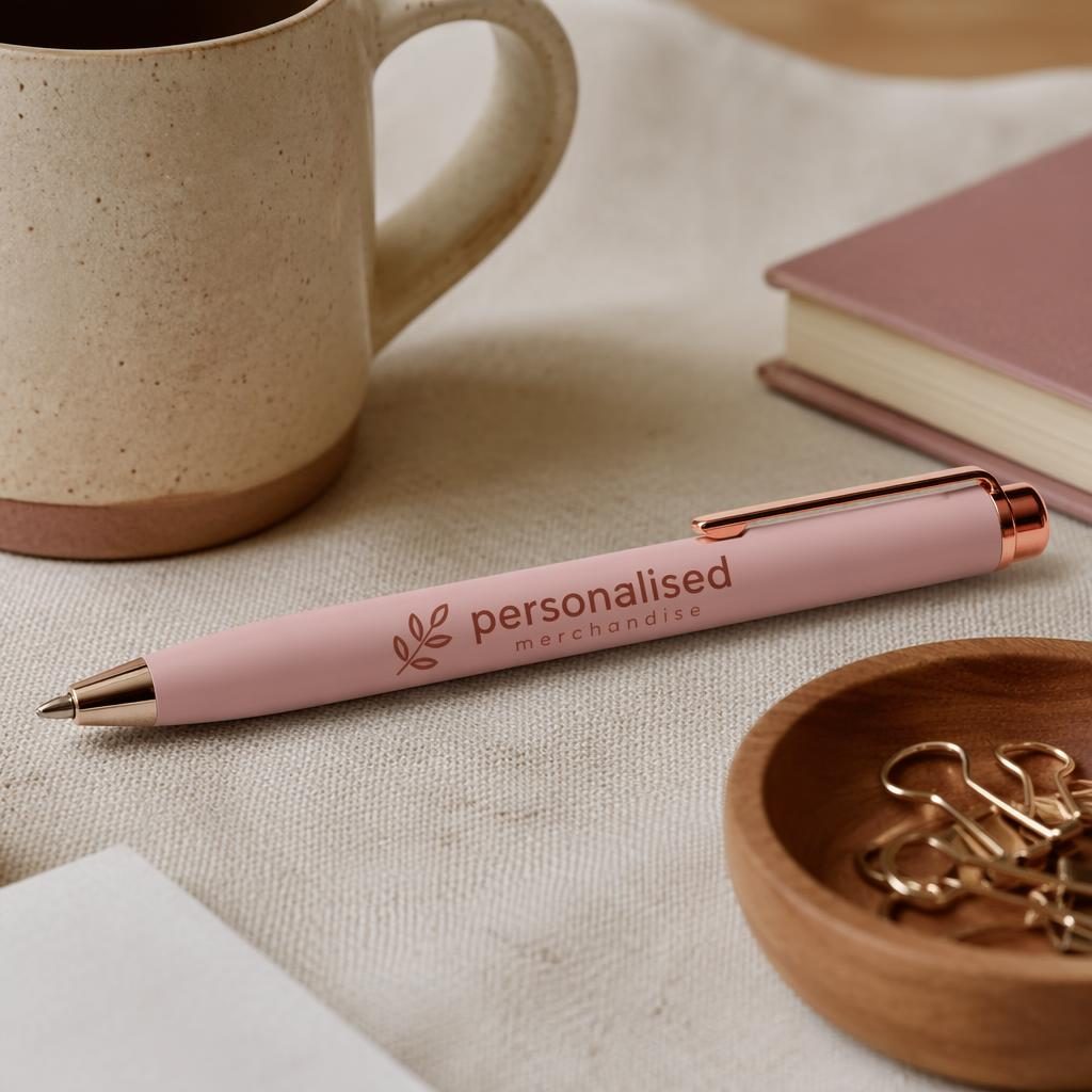 Dusty pink pen mockup on a warm-toned desk scene with large placeholder logo, styled as personalised merchandise.