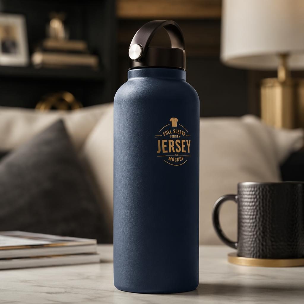 Photo-real navy water bottle mockup in a cozy home setting with a small gold full sleeve jersey mockup logo.
