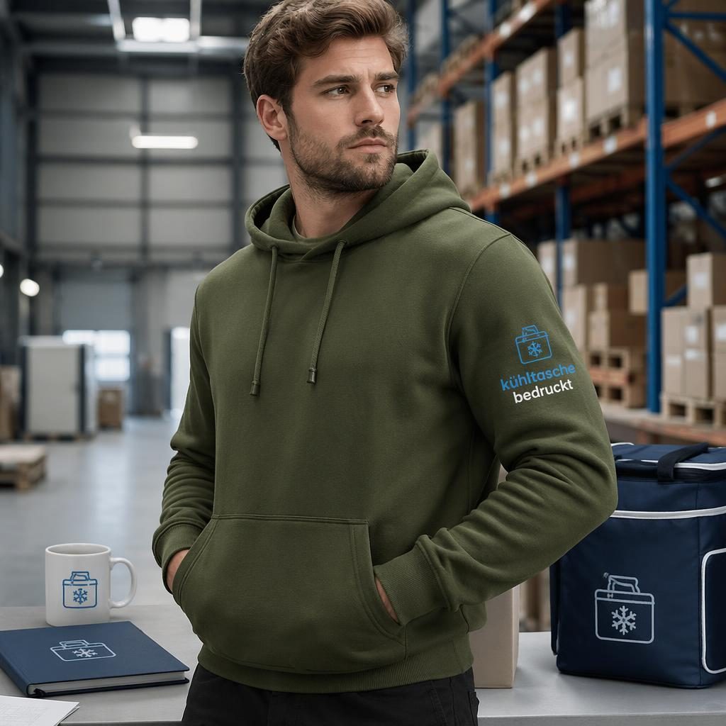 Olivgrüner Hoodie als realistisches Produkt-Mockup im Industrial-Stil mit blauem Logo am Ärmel