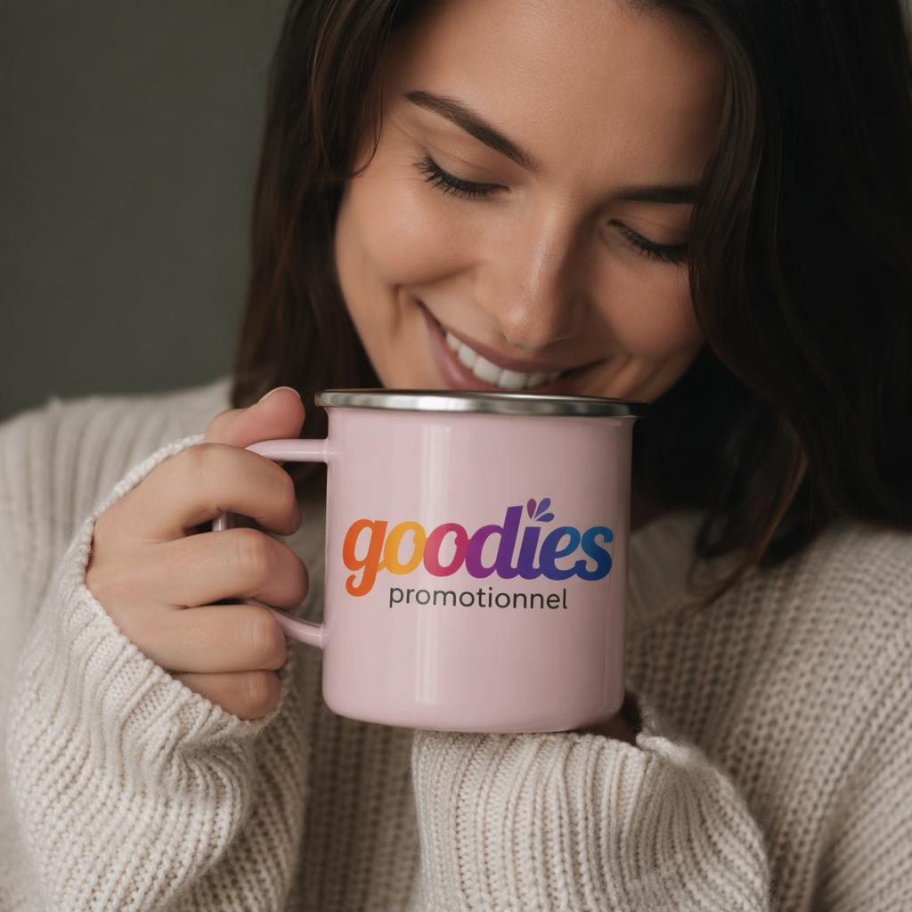 Mockup photo réaliste d’un mug émaillé rose poudré porté sur modèle, avec logo dégradé goodies promotionnel en grand.