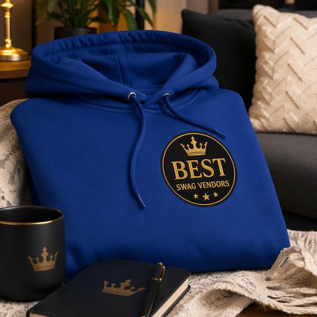Royal blue hoodie mockup with embroidered Best Swag Vendors logo in a cozy home setting with black and gold styling
