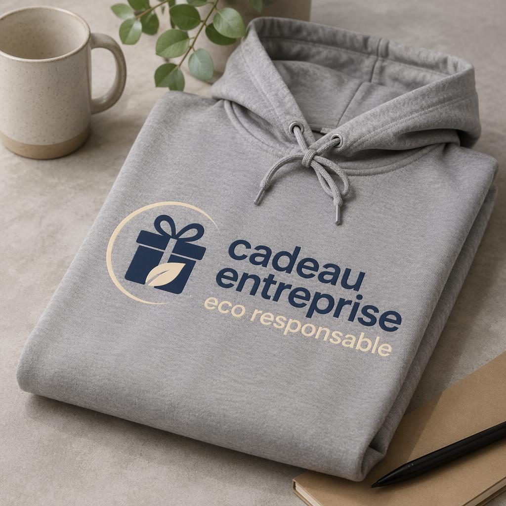Mockup photo réaliste d’un hoodie gris chiné plié avec logo crème et marine, style studio, texture du tissu nette.