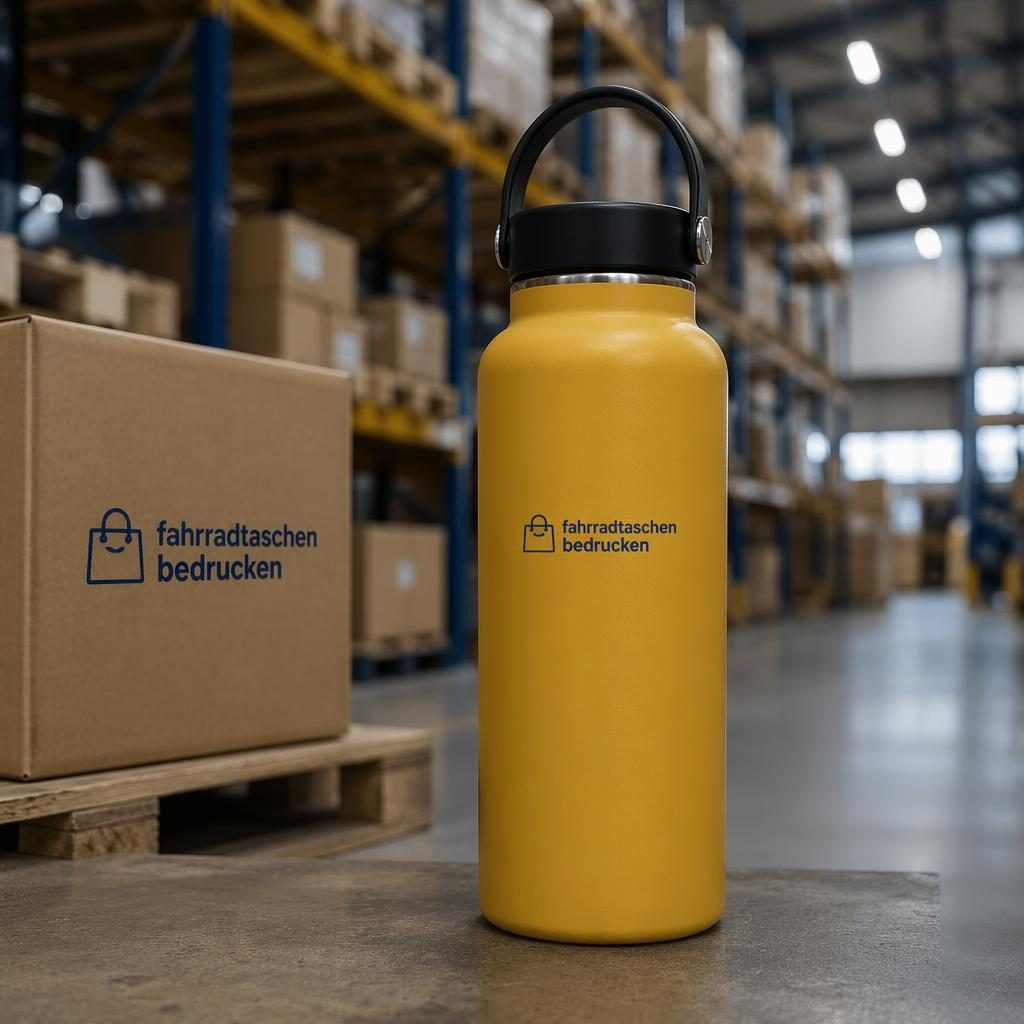 Senfgelbe Wasserflasche als Produkt-Mockup im Industrial-Stil mit kleinem Logo und scharfem Studiolicht