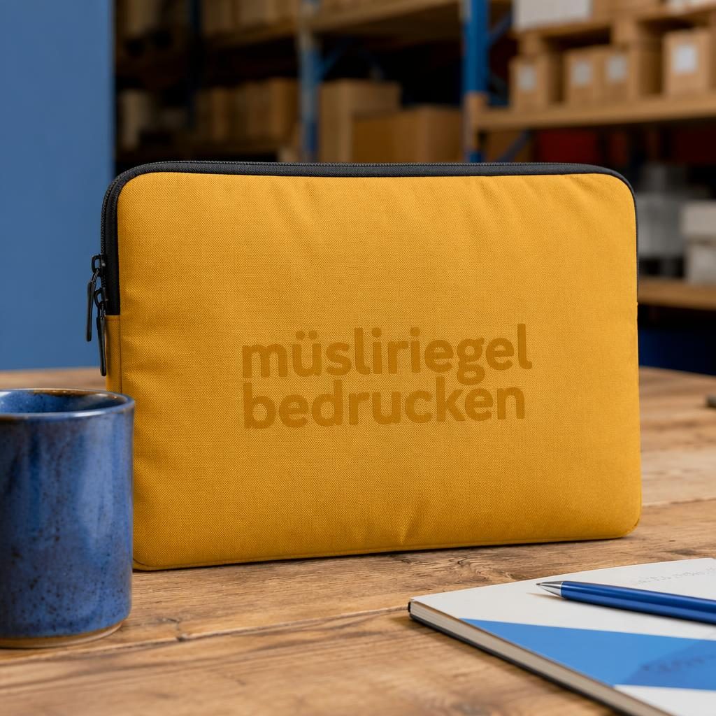 Senfgelbes Laptop-Sleeve als realistisches Mockup im Industrial-Studio mit dezentem Ton-in-Ton-Logo.