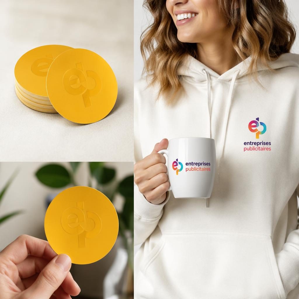 Pack de stickers jaune moutarde porté sur modèle, logo ton sur ton subtil, photo studio nette et réaliste