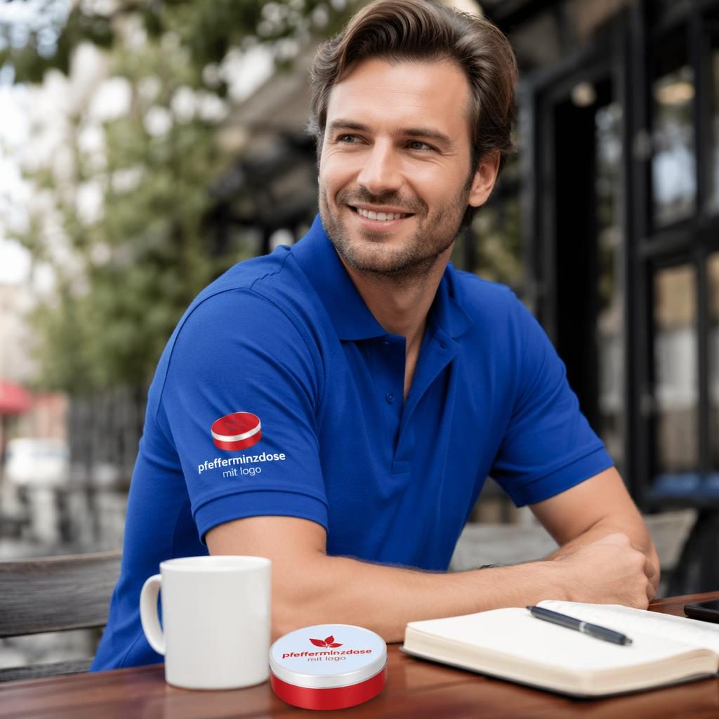 Fotorealistisches royalblaues Polo-Shirt im Outdoor-Lifestyle-Mockup mit rotem und weißem Logo am Ärmel
