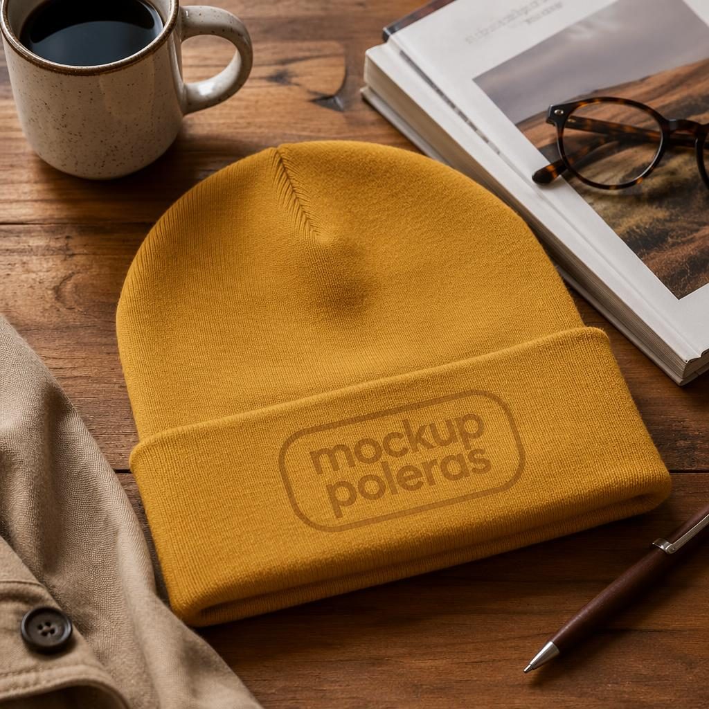 Gorro mostaza con logo tono sobre tono en escena de escritorio, foto de producto con textura realista y luz cálida