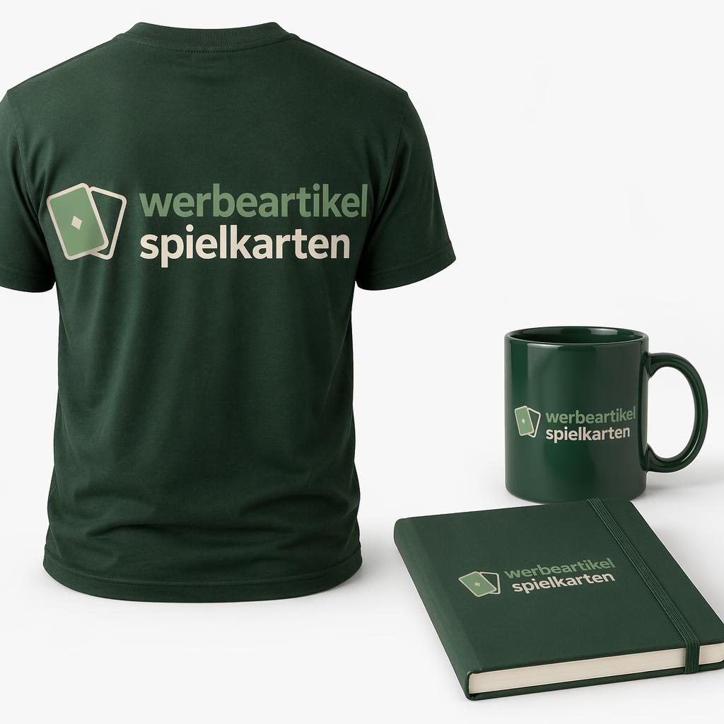 Waldgrünes T-Shirt mit rundum platziertem werbeartikel spielkarten Logo vor weißem Hintergrund