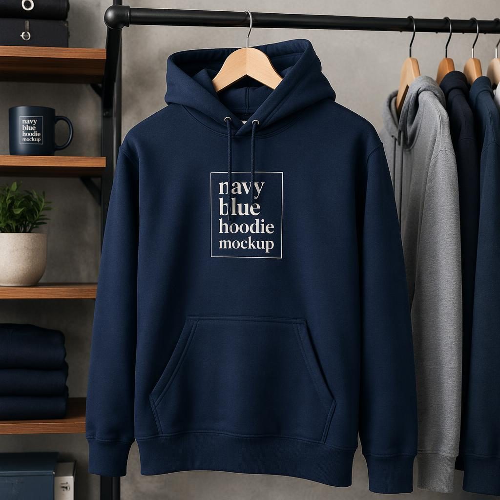 Royal blue sweatshirt hanging on a rack with a minimal embroidered placeholder logo in a clean studio product mockup.