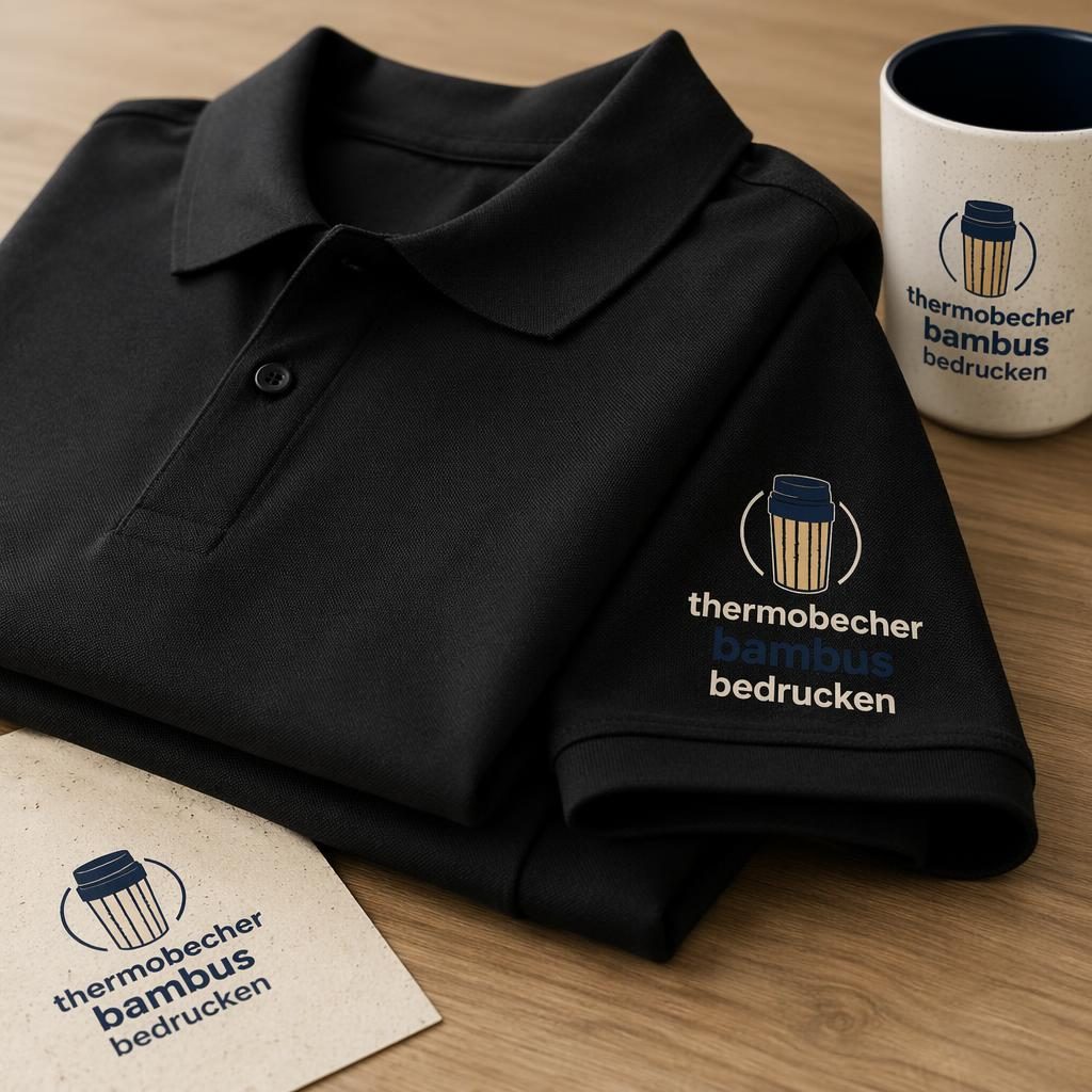 Gefalteter Stapel schwarzer Poloshirts mit cremefarbenem Logo am Ärmel, Studioaufnahme mit scharfer Stoffstruktur