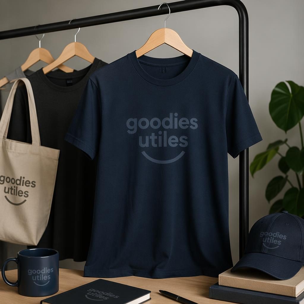 T-shirt bleu marine suspendu sur portant, logo ton sur ton goodies utiles, photo studio nette et minimaliste.
