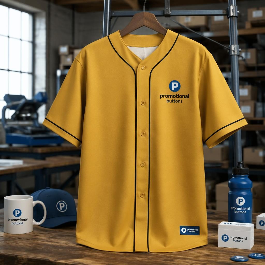 Mustard yellow baseball jersey mockup in an industrial warehouse with a small promotional buttons logo on left chest.