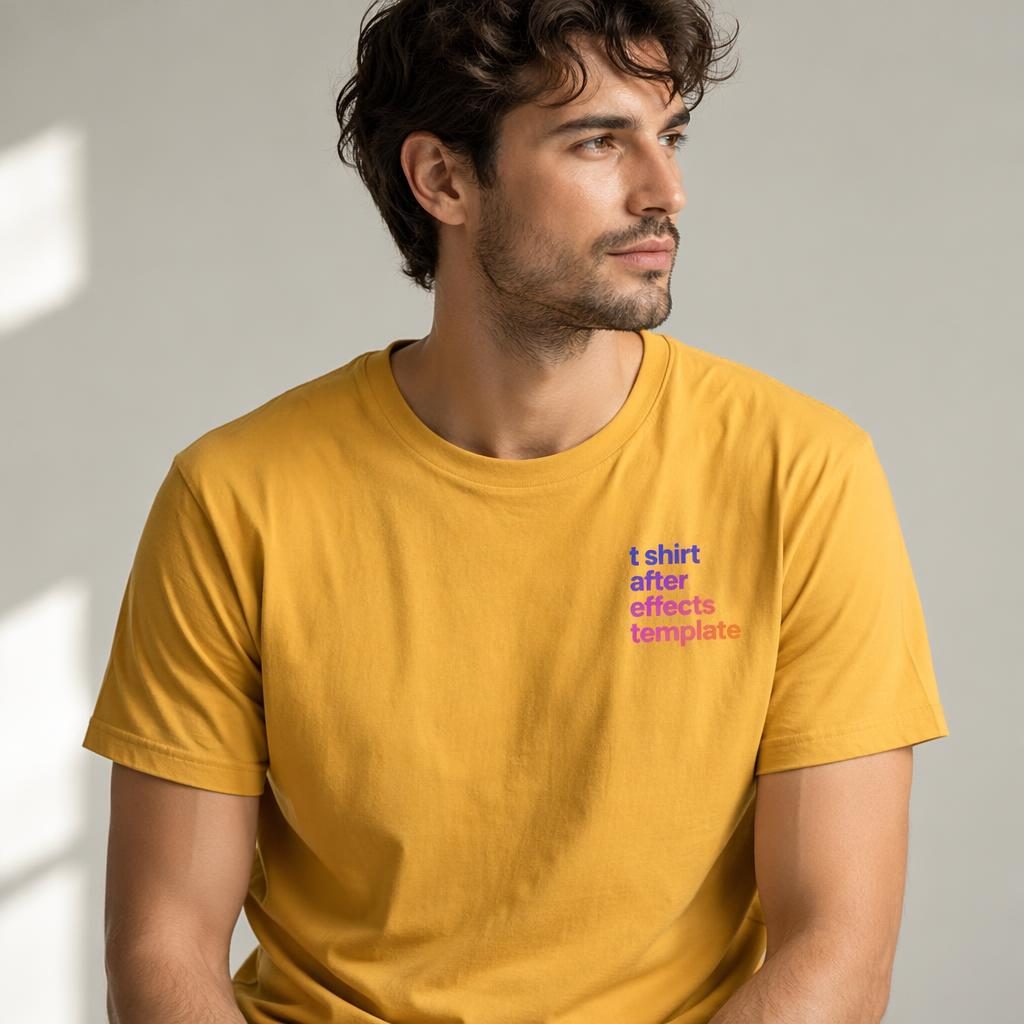 Photo-real mustard yellow notebook mockup with a small vibrant gradient t shirt after effects template logo.