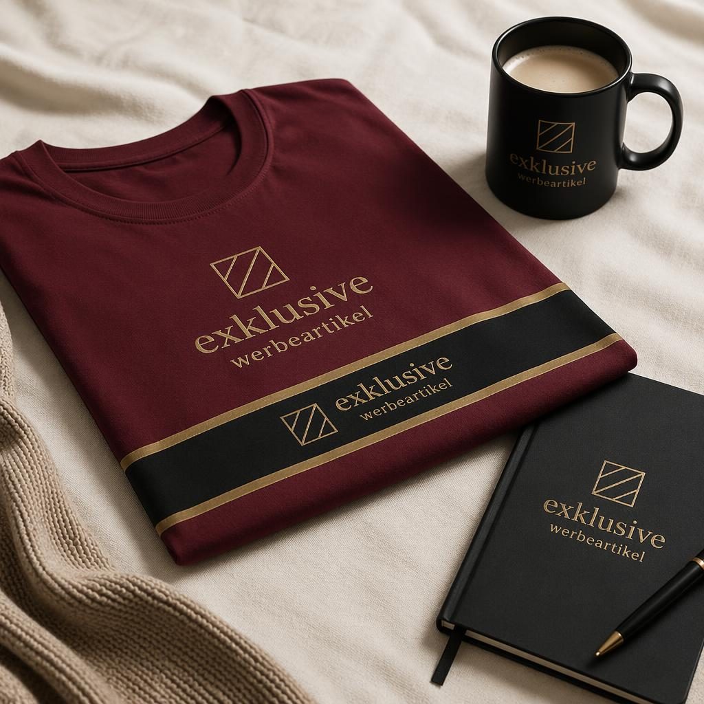 Fotorealistisches bordeauxfarbenes T-Shirt im Cozy-Home-Setting mit rundumlaufendem exklusive werbeartikel Logo