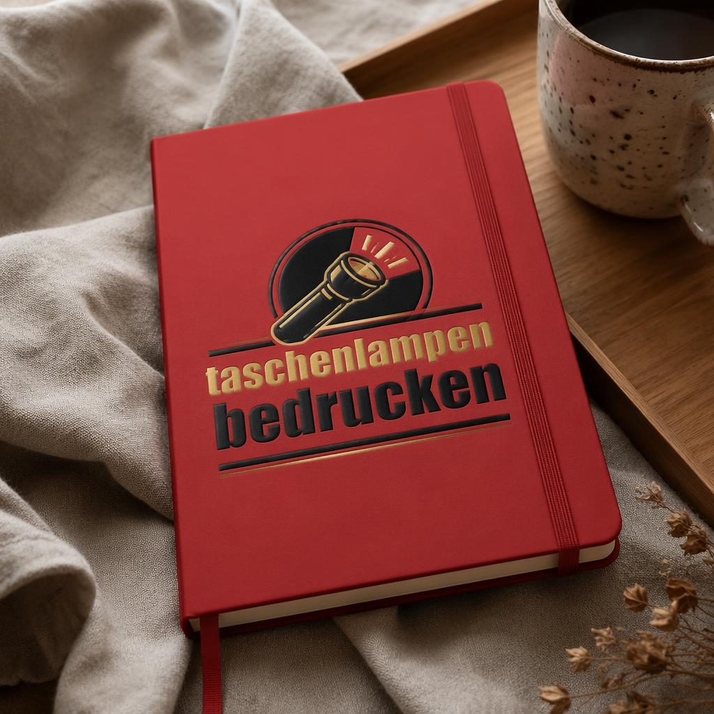 Rotes Notizbuch als Produkt-Mockup mit großem taschenlampen bedrucken Logo in Schwarz und Gold im gemütlichen Wohnstil