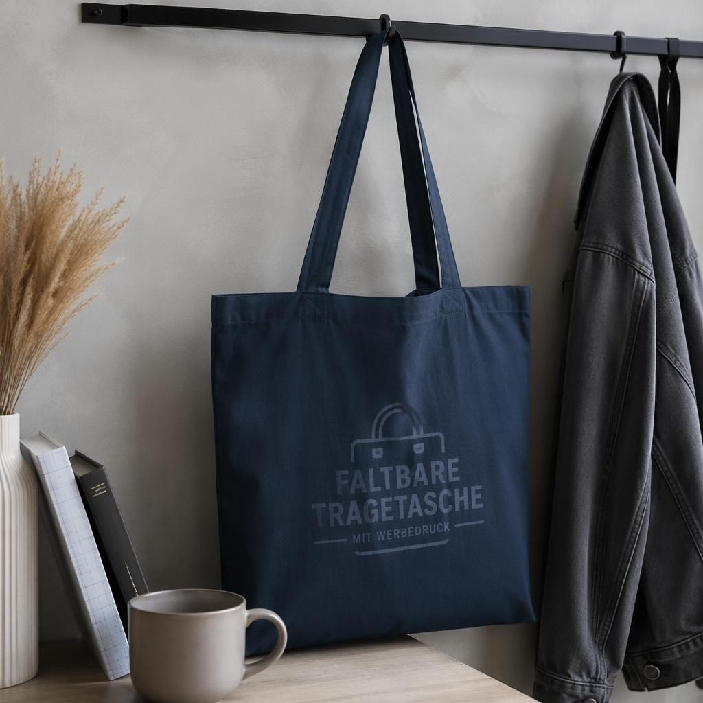 Marineblaue Tote Bag mit dezentem Ton-in-Ton-Logo, hängend an einer Kleiderstange im Studio fotografiert.