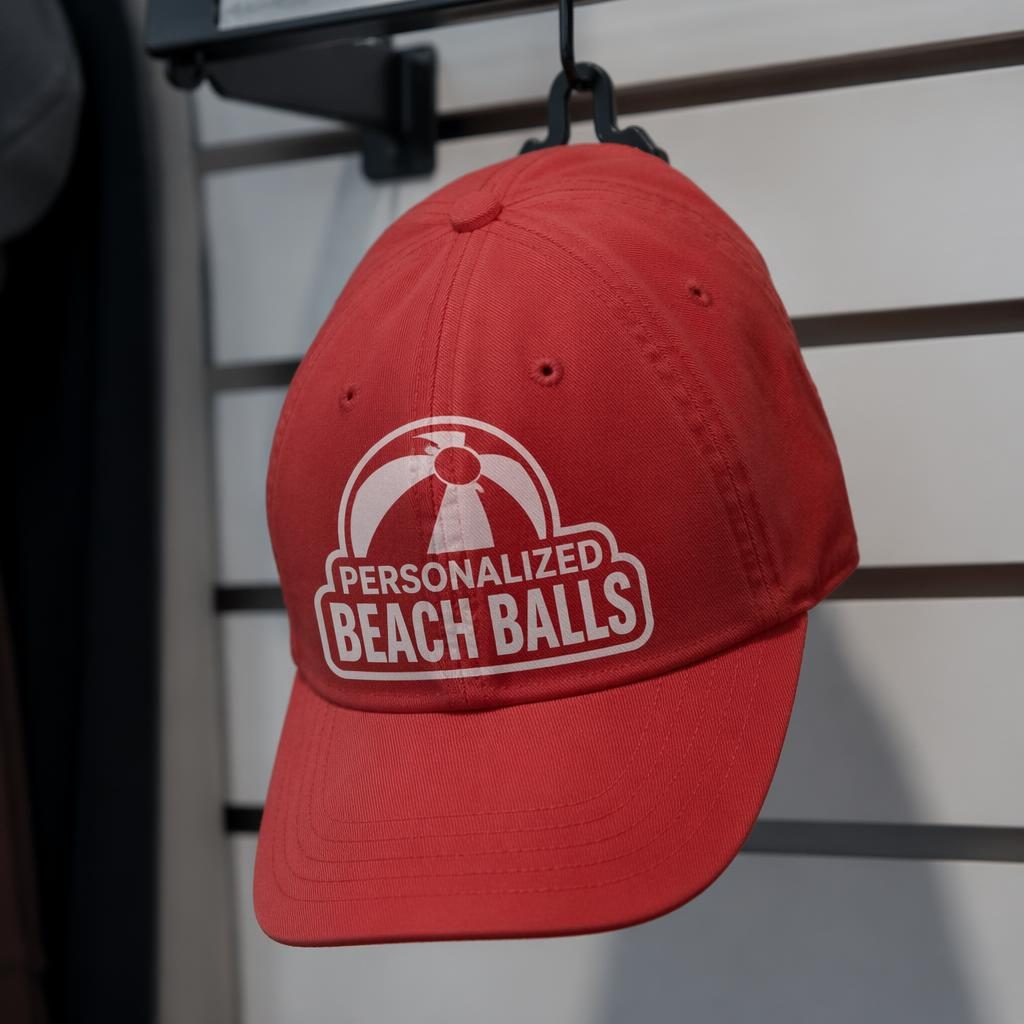 Classic red cap hanging on a rack with a large personalized beach balls logo in a minimal monochrome print.
