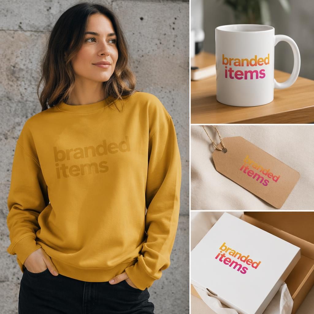 Model wearing a mustard yellow crewneck with a subtle tone-on-tone branded items logo in a studio mockup.