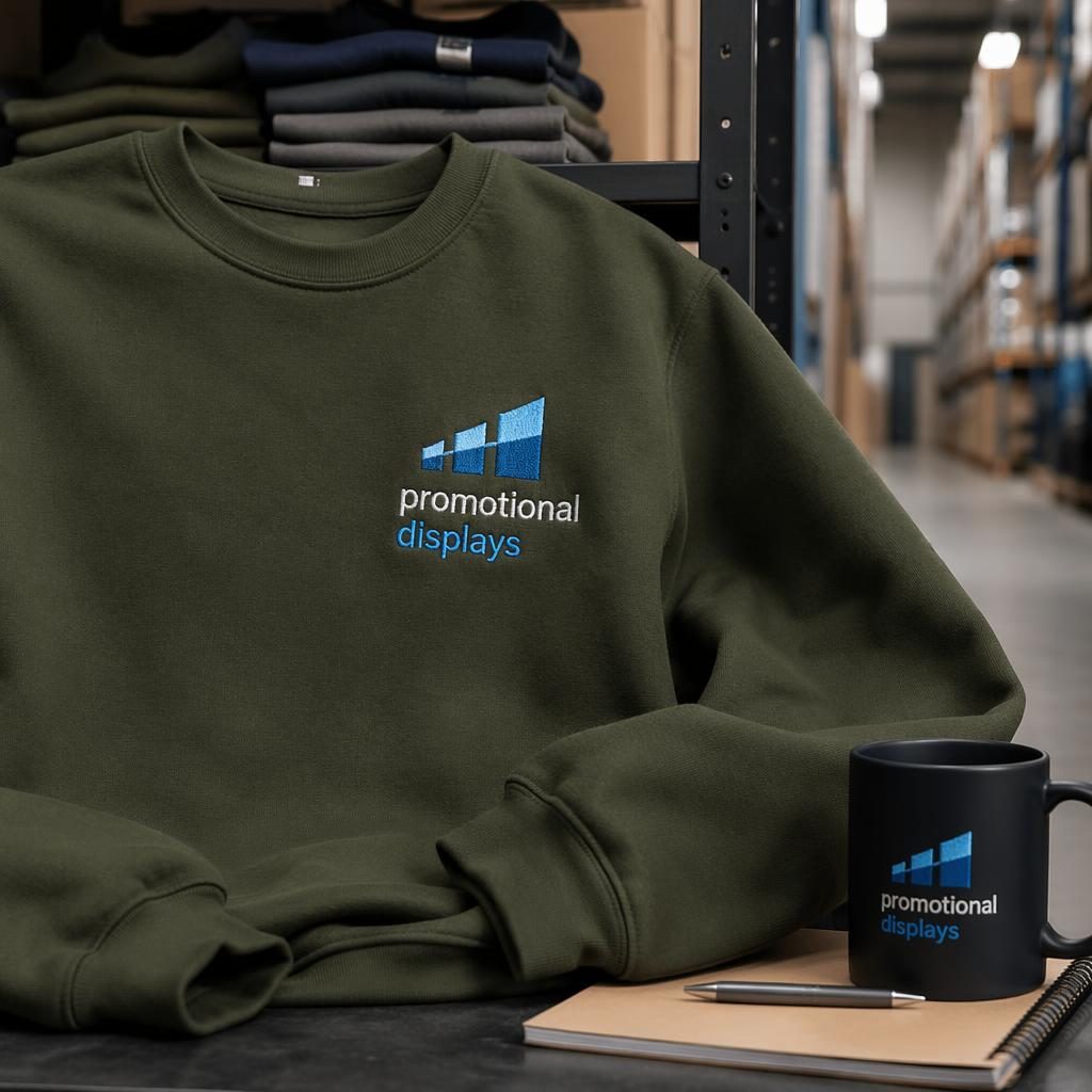 Olive green crewneck sweatshirt mockup with embroidered promotional displays logo in blue, styled in an industrial warehouse.