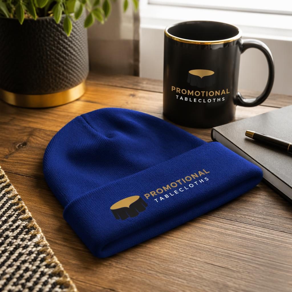 Royal blue beanie mockup with generic promotional tablecloths logo on the folded cuff in a cozy luxury home setting.
