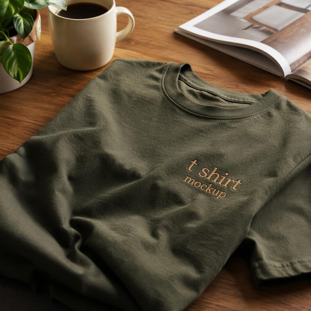 Fotorealistisches olivgrünes T-Shirt mit gesticktem Platzhalterlogo in warmer Desk-Lifestyle-Szene