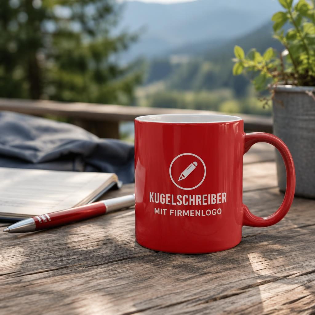 Klassische rote Keramiktasse im Outdoor-Lifestyle-Mockup mit weißem Platzhalterlogo, scharf und fotorealistisch