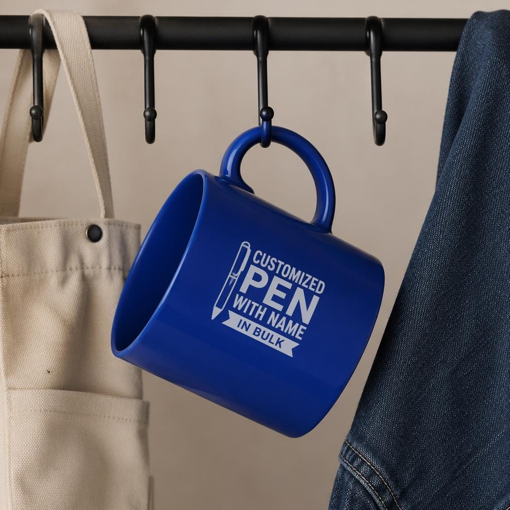 Royal blue ceramic mug mockup with generic logo, hanging on a rack in a clean studio merch photography setup.
