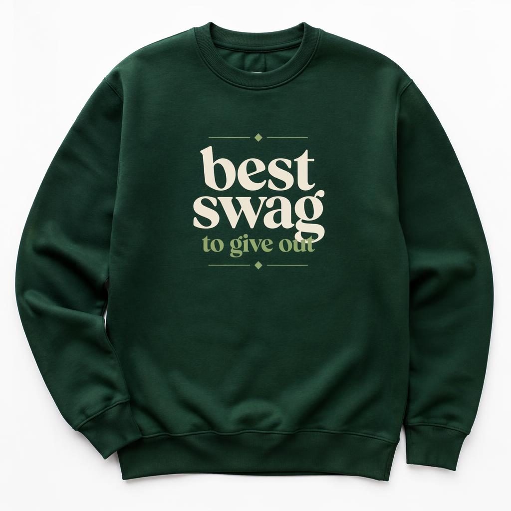 Forest green crewneck mockup on white background with centered sage and ivory placeholder logo on chest