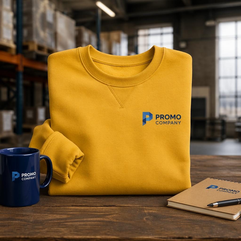 Mustard yellow crewneck sweatshirt mockup with small promo company logo on left chest in an industrial warehouse setting