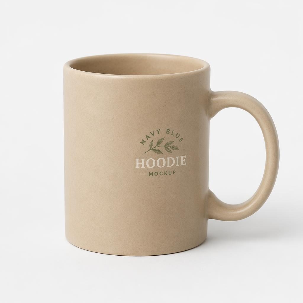 Beige sand ceramic mug on a white background with a small navy blue hoodie mockup logo printed on the left side.