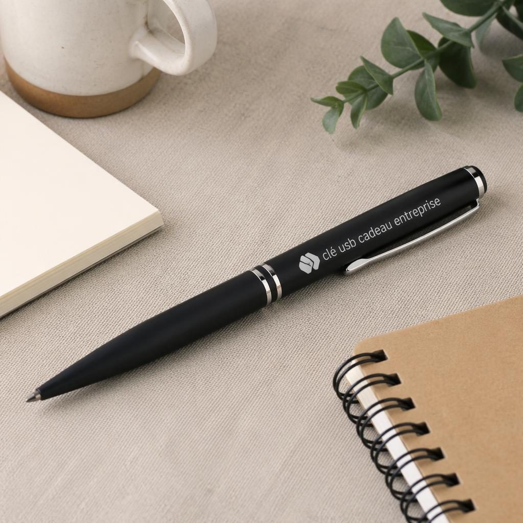 Stylo noir en mockup photo réaliste, vue à plat en studio, avec logo générique clé usb cadeau entreprise
