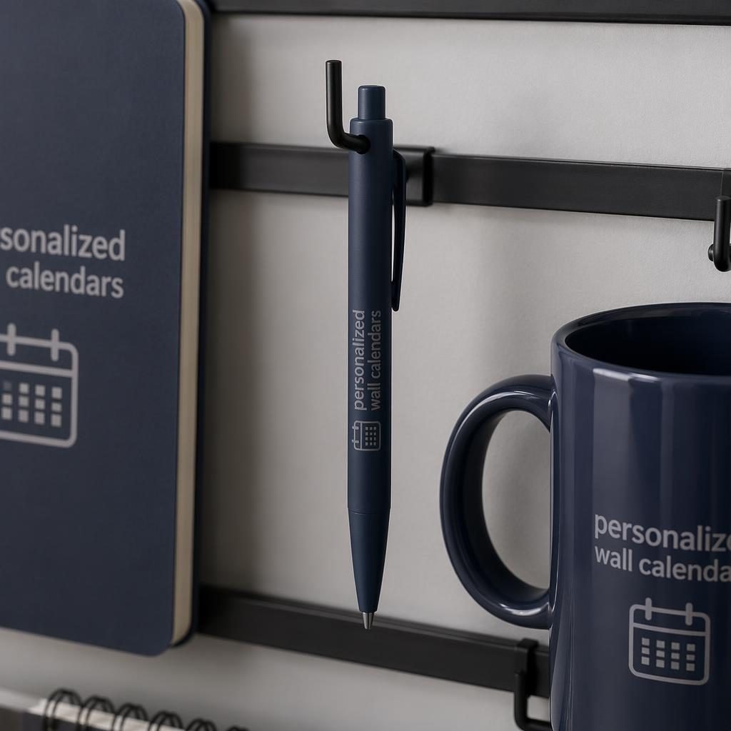 Photo-real navy pen mockup with a subtle tone-on-tone personalized wall calendars logo, hanging on a rack in studio lighting.
