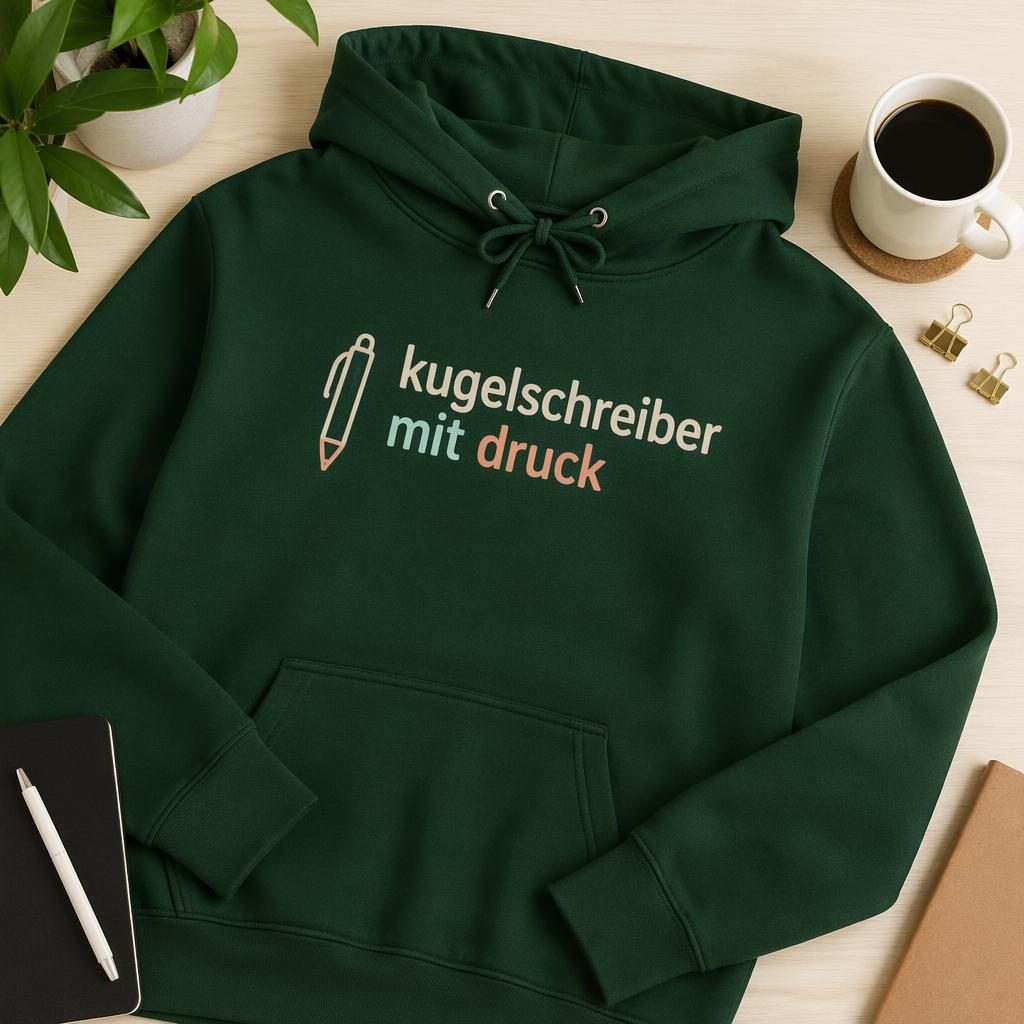 Flach gelegter forestgrüner Hoodie im Studio mit mittigem kugelschreiber mit druck Logo auf der Brust.