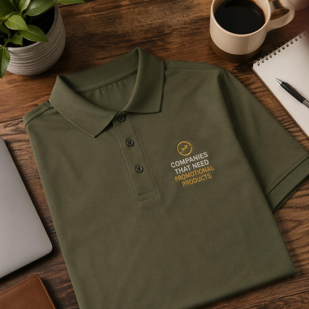 Olive green polo shirt mockup on a desk lifestyle scene with embroidered placeholder logo, warm earth tones and sharp fabric detail.