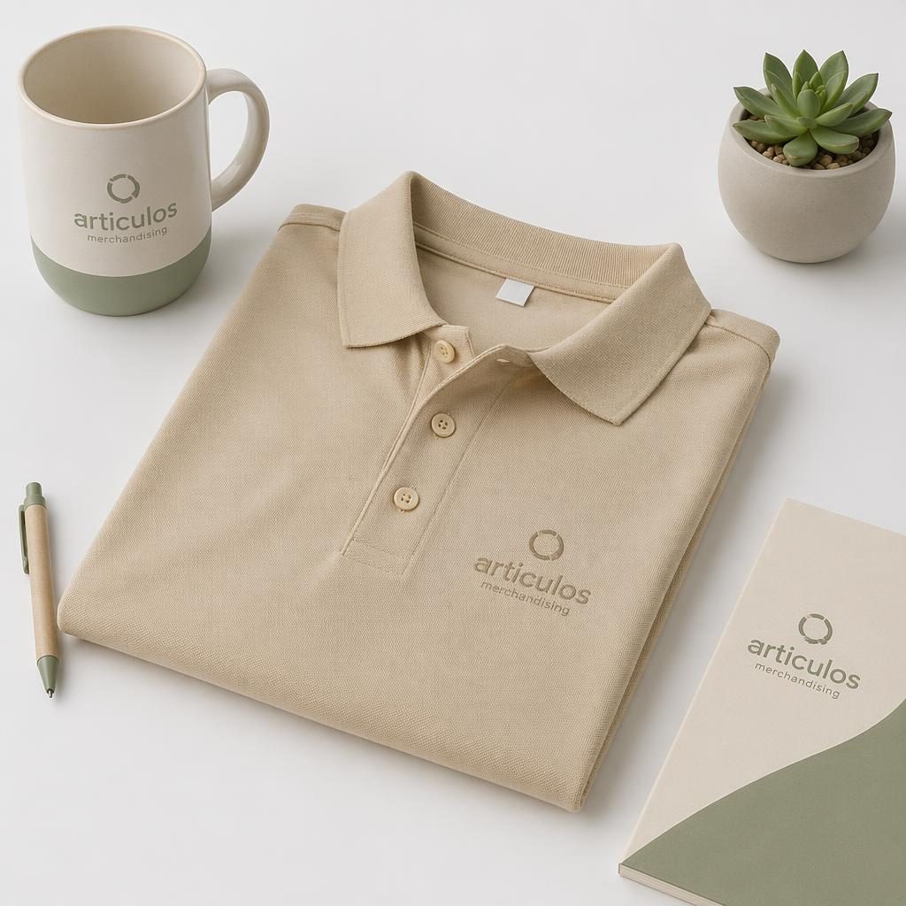 Mockup fotorrealista de polo beige arena con logo sutil tono sobre tono sobre fondo blanco minimalista.