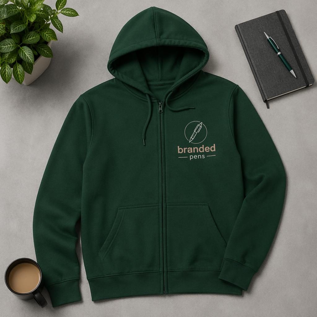 Studio flat lay of a forest green zip-up hoodie with branded pens logo centered on the chest, soft pastel palette
