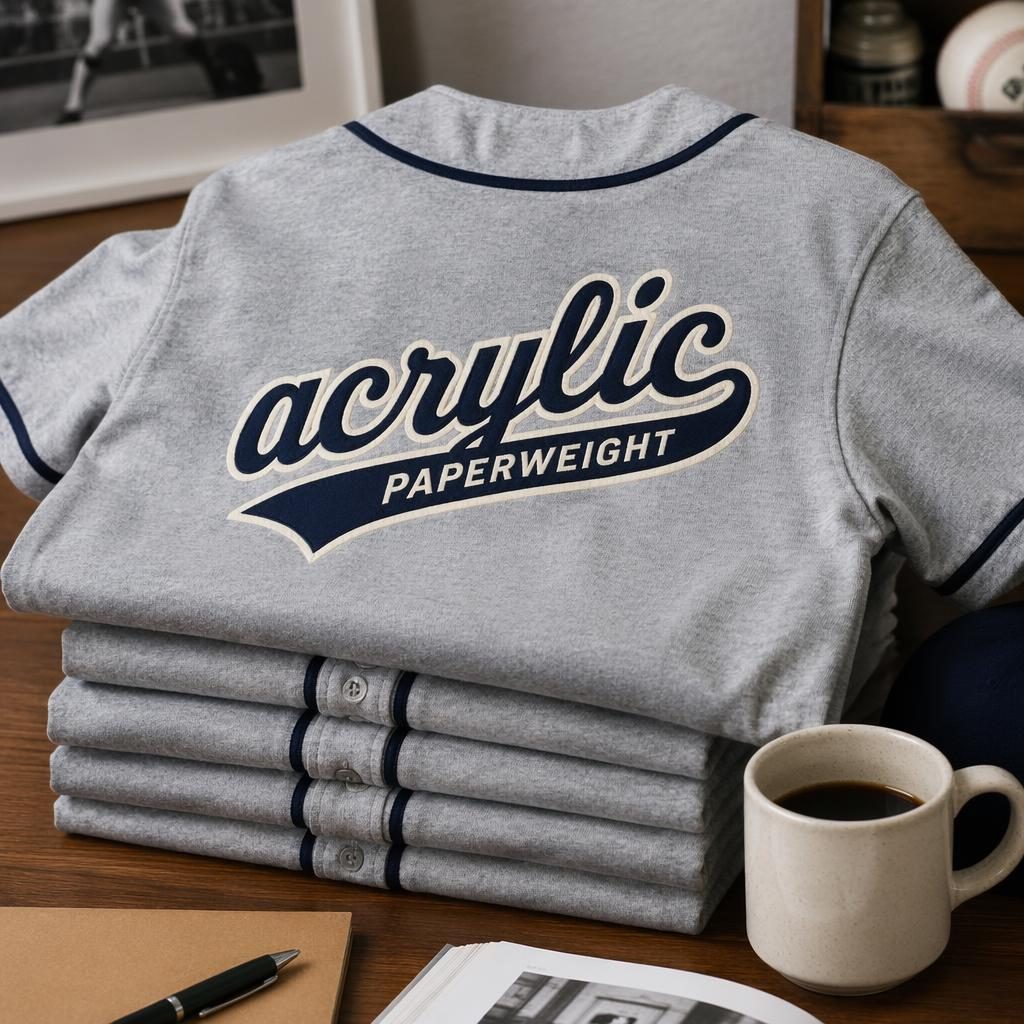Folded stack of heather gray baseball jerseys with a navy and cream acrylic paperweight logo on the back