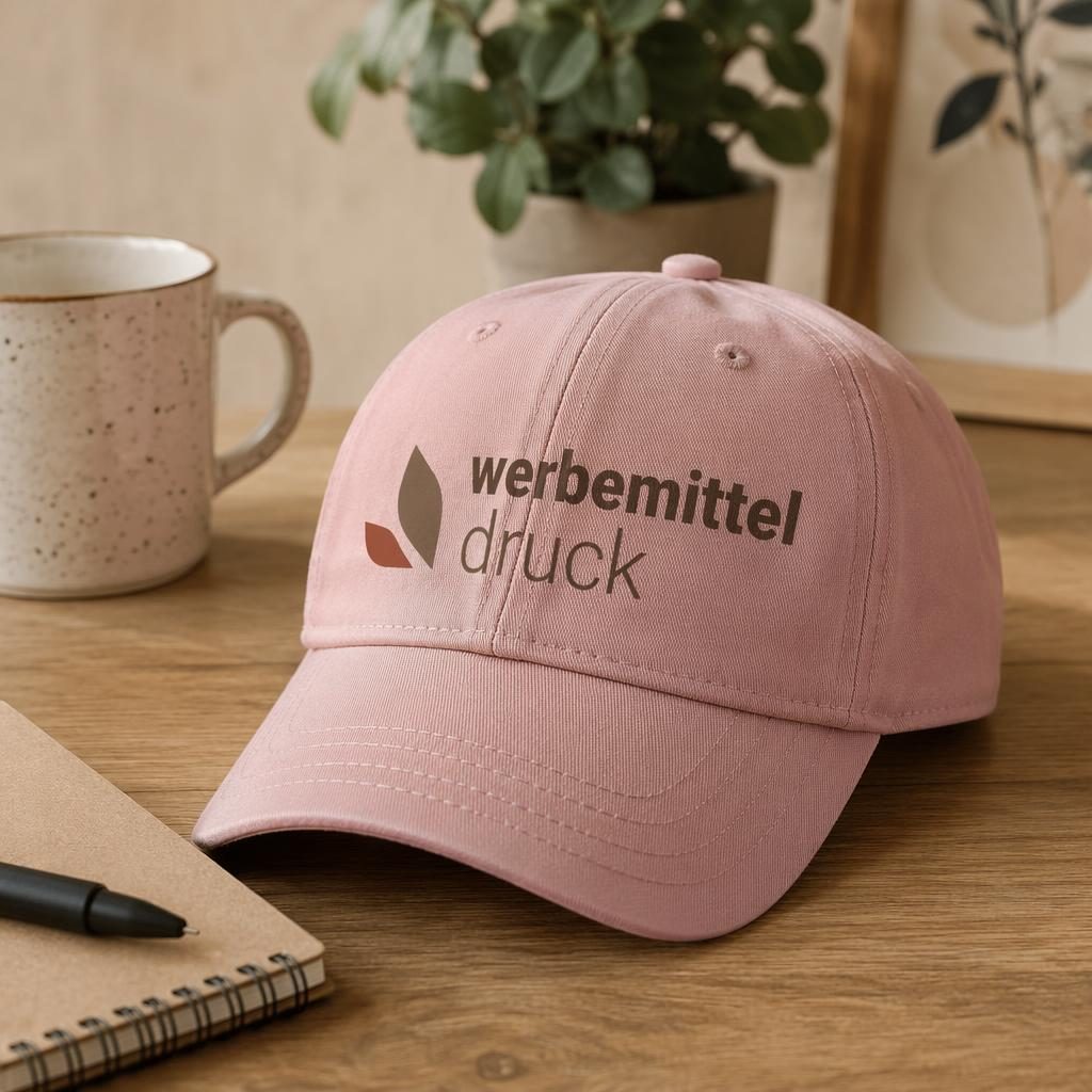 Staubrosa Cap mit großem werbemittel druck Logo auf einem Schreibtisch in warmer Lifestyle-Szene